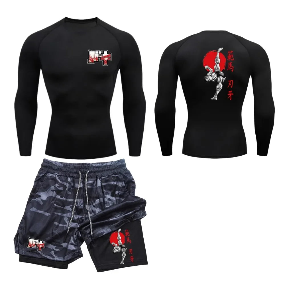 Men’s & Women’s Stylish Sports Set – Quick-Dry Fitness Wear with Baki Hanma Print & 2-in-1 Shorts