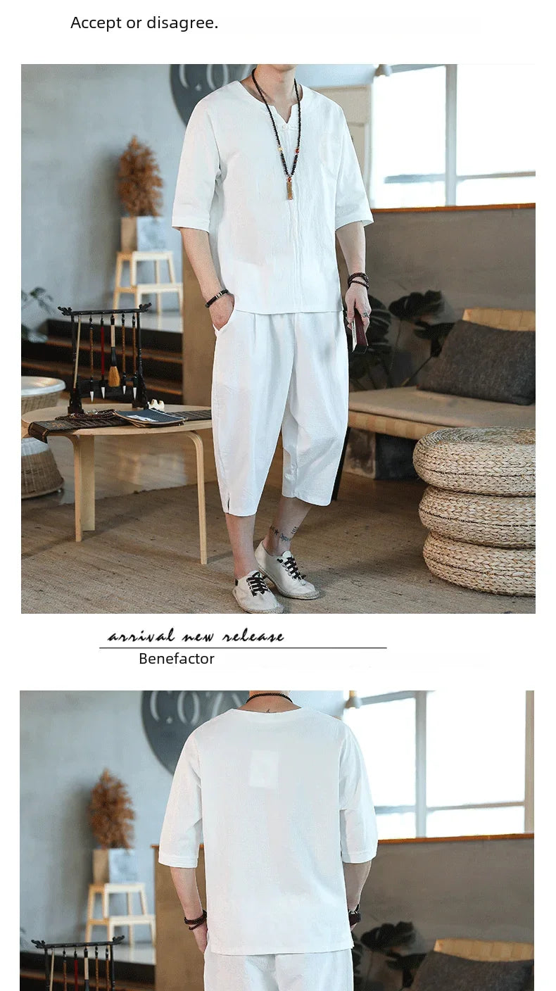 Men's Loose-fit Casual Pants Set Chinese Style Cotton Linen Short Sleeve Shirt Seven-point Shorts Two-piece Suit - Ellianto fashion Men's