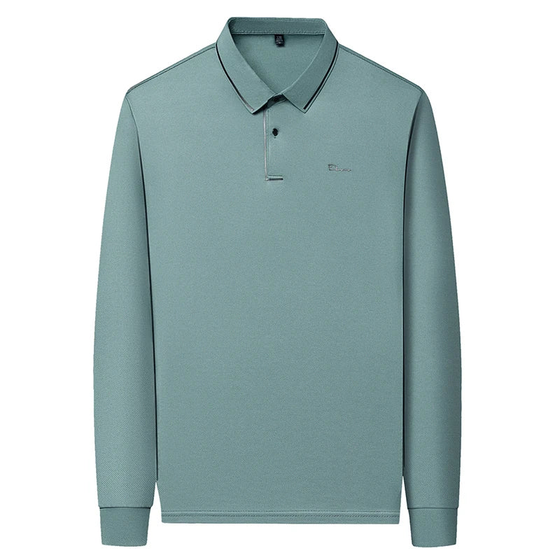 New Men's Business Casual Long Sleeved Shirt with Badge Solid Color Polo Shirt Fashionable Breathable Comfortable Versatile Top - Ellianto fashion Men's