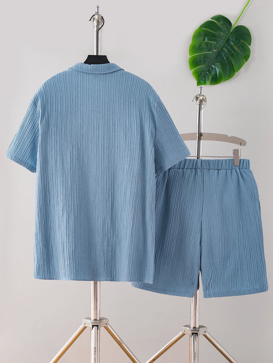New adult summer open chest button short sleeved+loose shorts casual outfit - Ellianto fashion Men's