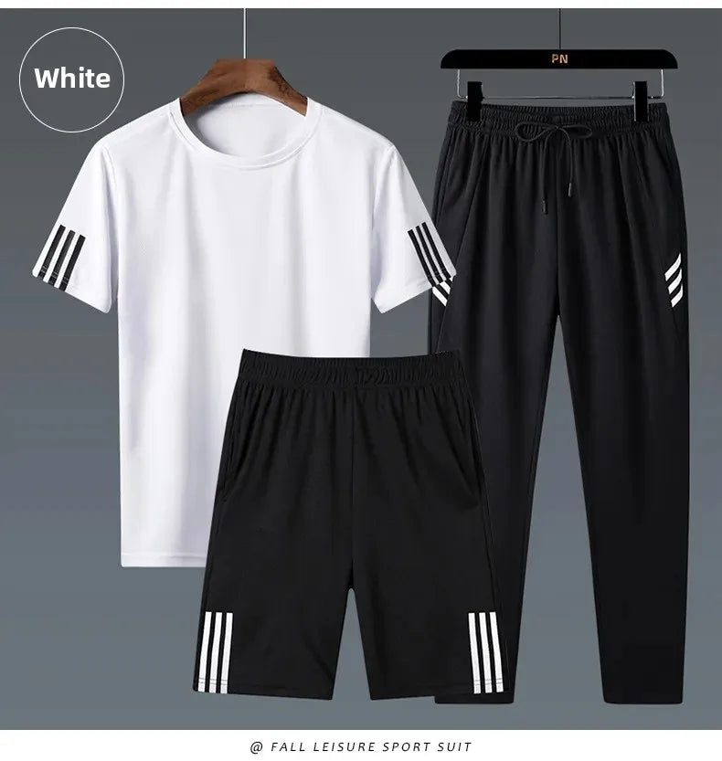 Summer Casual Sports Men's Short Sleeve T-Shirt plus Size Three-Piece Set New Style Long Pants Comfortable Breathable Clothing - Ellianto fashion Men's