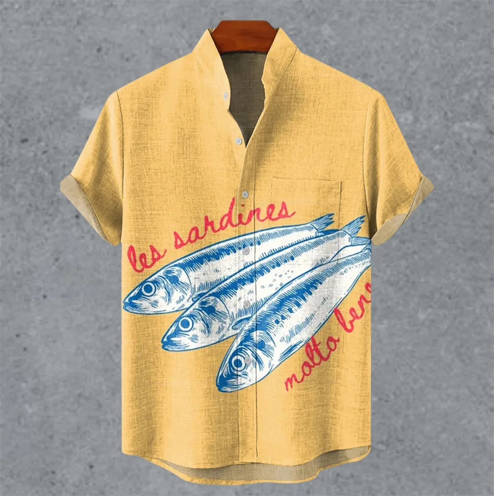 Art retro vintage men's shirt with mottled marks, standing collar printed short sleeved shirt, casual and comfortable top S-5XL - Ellianto fashion Men's