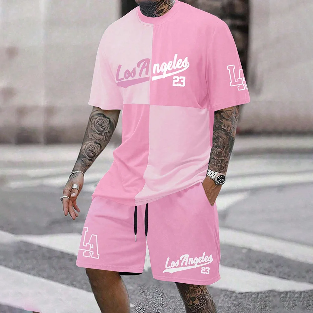 Set Men's Color-Block Los Angeles 23 Print Tracksuit LA Two Piece Outfit for Men T-shirt & Shorts Suit Street Fashion Summer Wear - Ellianto fashion Men's