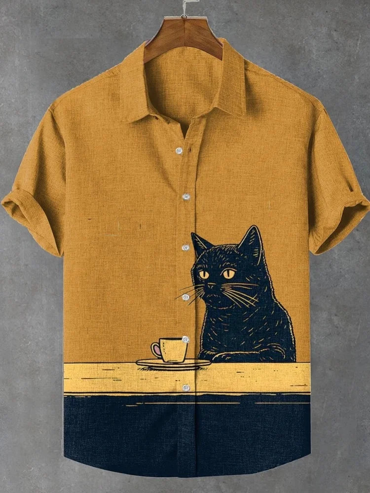 Set Men's Funny Black Cat Chilling Coffee Art Print Shirt Retro Vintage Japanese Style Short Sleeve Lapel Collar Summer Blouses Tops - Ellianto fashion Men's