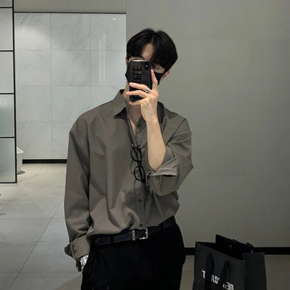 New Korean Business Men Shirts Light Luxury Slim-fit Solid Color Long Sleeve Cardigans Leisure Breathable Solid Color Basic Tops - Ellianto fashion Men's