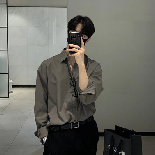 New Korean Business Men Shirts Light Luxury Slim-fit Solid Color Long Sleeve Cardigans Leisure Breathable Solid Color Basic Tops - Ellianto fashion Men's