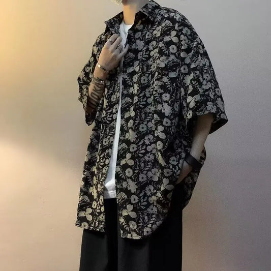 SET Floral Short Sleeved Shirt For Men, Summer American Retro Hawaiian Shirt, Travel Outfit, Hong Kong Style Jacket - Ellianto fashion Men's