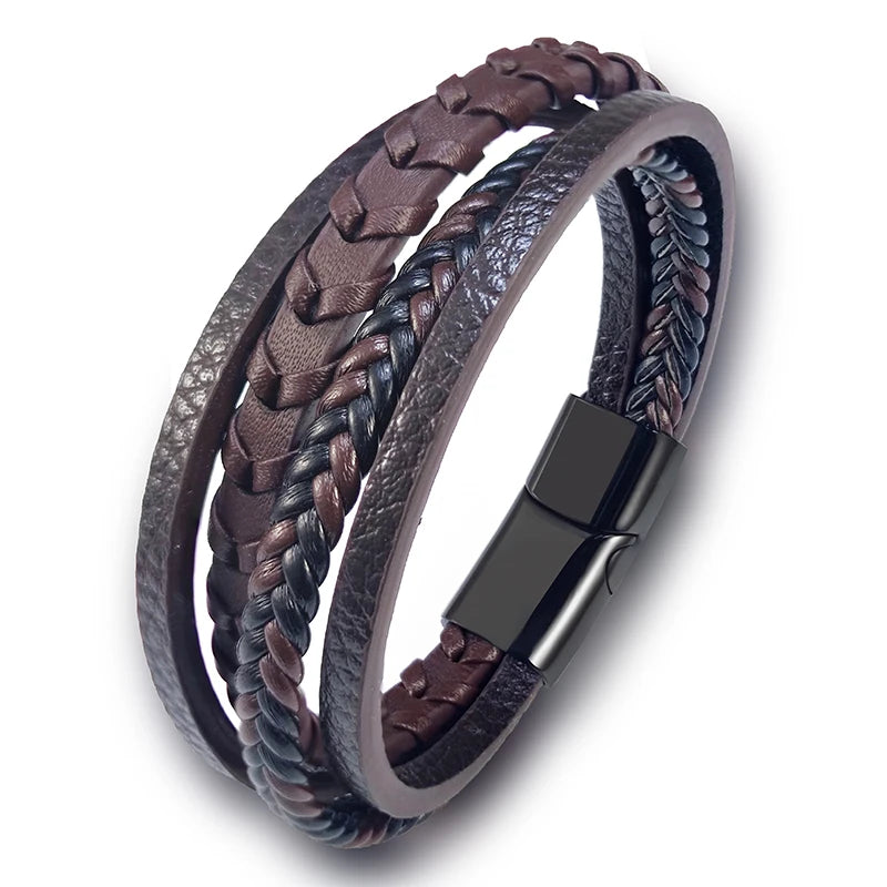 MingAo Men's Bracelet Fashion Multilayer Leather Stainless Steel Magnet Buckle Bracelet Birthday Jewelry Men's Accessories Gift - Ellianto fashion Men's