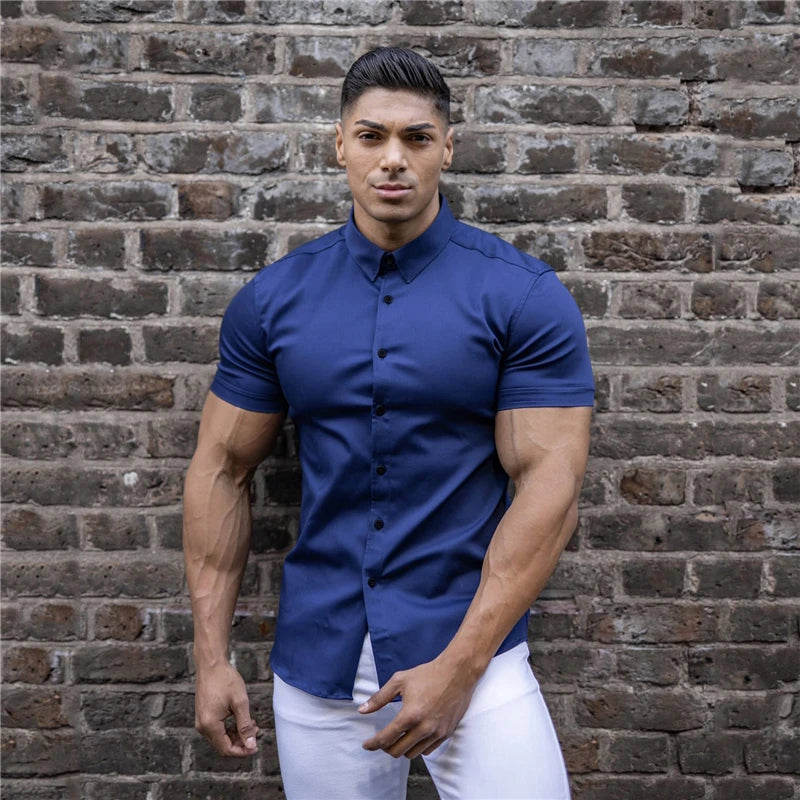 Summer Fashion Super Slim Fit Short Sleeve Shirts Men Classic Casual Dress Shirt Male Hipster Relaxed Luxe Formal Shirt - Ellianto fashion Men's