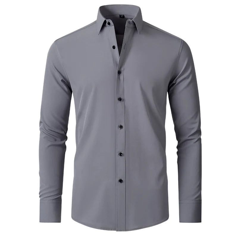 High Elasticity Seamless Spandex Shirt Men Long Sleeve Slim Fit Casual Solid Color Social Formal Dress Shirts 2025 - Ellianto fashion Men's