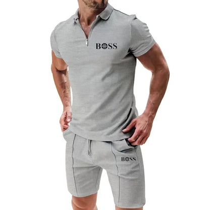Europe and the United States men short sleeve shorts casual suit summer Waffle solid color casual loose lapel T-shirt suit men - Ellianto fashion Men's