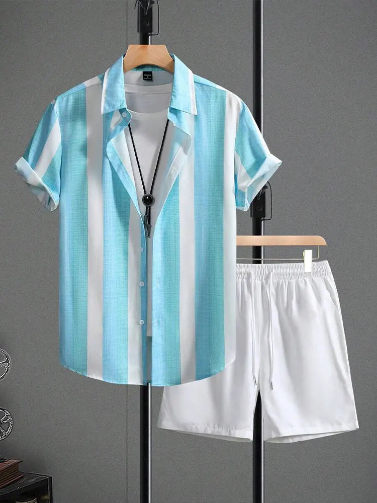 Set New Palm Leaf Print Men's Casual Shirt Hawaiian Men's Beach Shorts Summer Everyday Short-sleeved Shirt And Sports Shorts Set - Ellianto fashion Men's