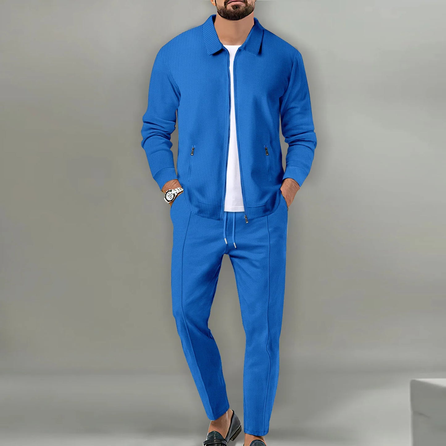 Set Autumnwinter men's casual blazer set new fashion Waffle baseball suit round neck pocket zipper long sleeve trousers two-piece se - Ellianto fashion Men's