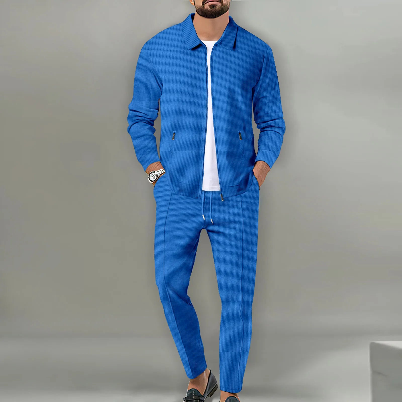 Set Autumnwinter men's casual blazer set new fashion Waffle baseball suit round neck pocket zipper long sleeve trousers two-piece se - Ellianto fashion Men's