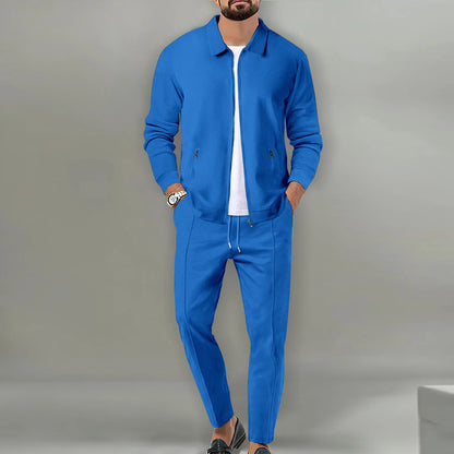 Set Autumnwinter men's casual blazer set new fashion Waffle baseball suit round neck pocket zipper long sleeve trousers two-piece se - Ellianto fashion Men's