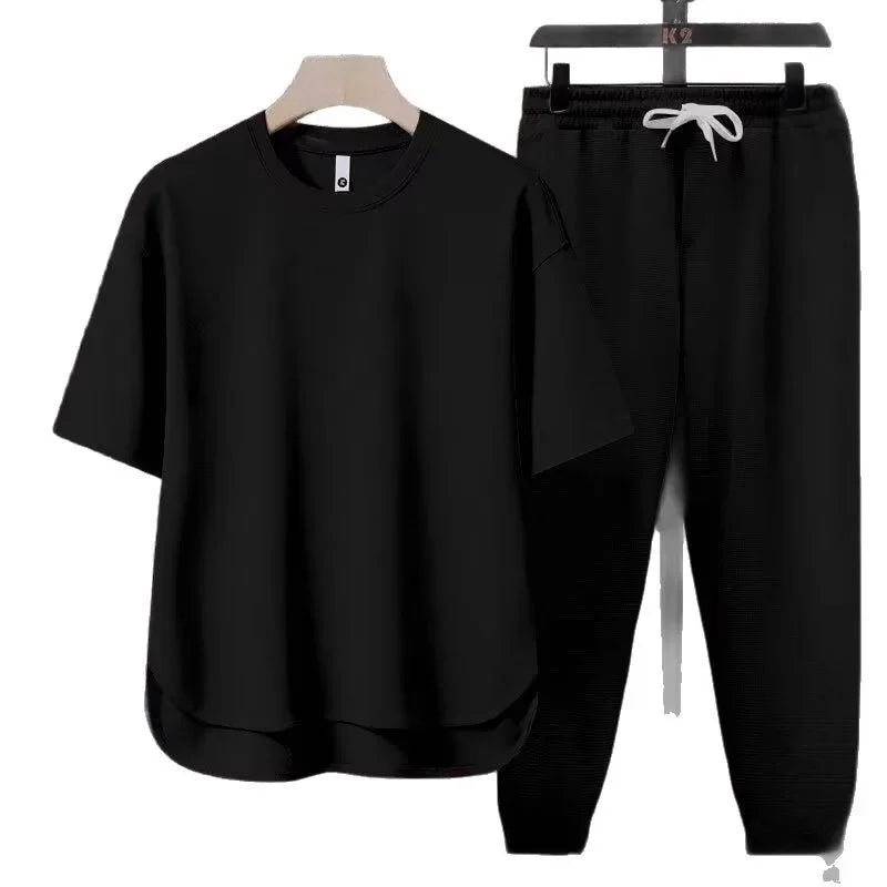 Pure Color Men's T-Shirt Set Short Sleeve Summer Trendy Two-Piece Suit Casual Comfortable Breathable Male Model Clothing - Ellianto fashion Men's