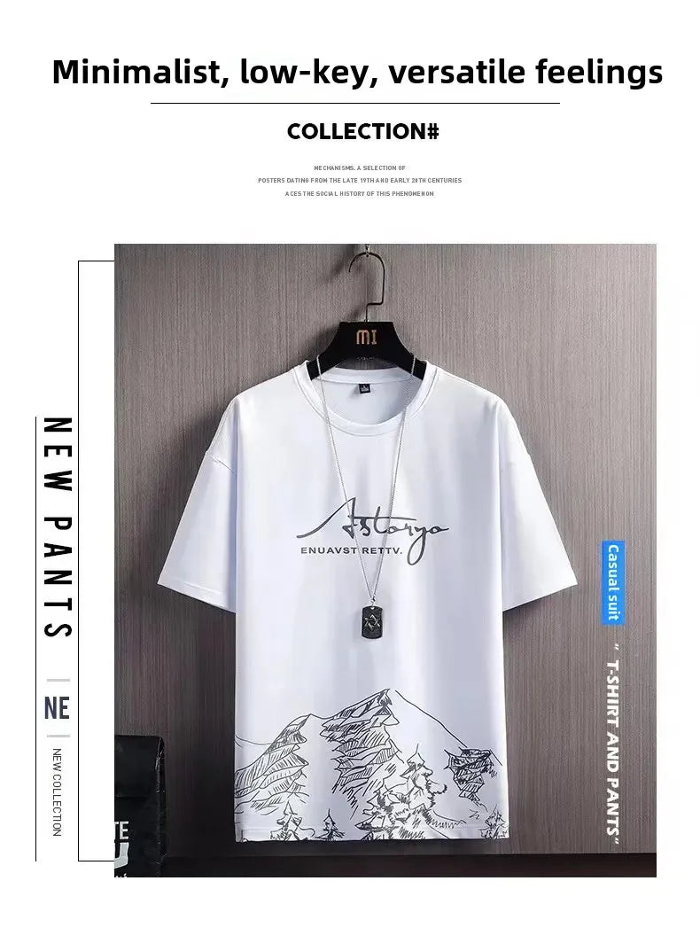 Men's Ice Silk Short Sleeve T-Shirt Suit Summer New Digital Printing Fashionable Korean Style Slims Smooths Your Silhouette Spor - Ellianto fashion Men's