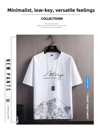 Men's Ice Silk Short Sleeve T-Shirt Suit Summer New Digital Printing Fashionable Korean Style Slims Smooths Your Silhouette Spor - Ellianto fashion Men's