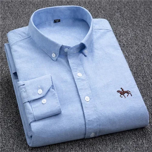Casual Pure Cotton Oxford Mens Shirts Long Sleeve Embroidery Horse Design Regular Fit Fashion Button Man White Dress Shirt - Ellianto fashion Men's