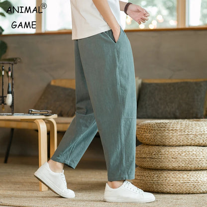 Men's Trousers Cotton Linen Fashion Casual Pants Solid Color Breathable Loose Shorts Straight Drawstring Pants Streetwear Men - Ellianto fashion Men's