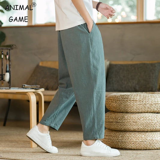 Men's Trousers Cotton Linen Fashion Casual Pants Solid Color Breathable Loose Shorts Straight Drawstring Pants Streetwear Men - Ellianto fashion Men's