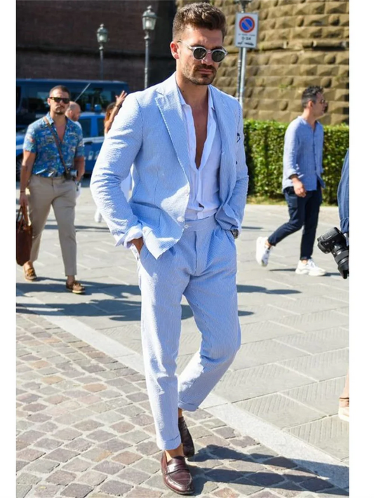 2 Pieces Sky Blue Men Suits Seersucker Suits Notched Lapel Summer Leisure Beach Jacket+Pant Groom Wedding Tuxedos - Ellianto fashion Men's