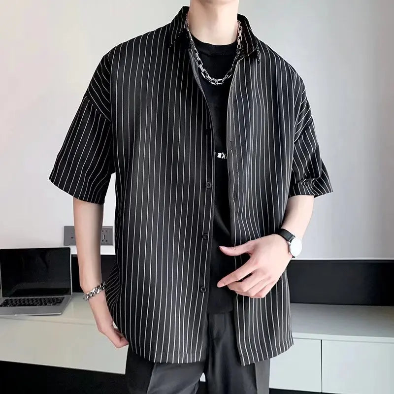 Striped Shirt men Japanese Casual Oversize Trend Black Unisex gothic Short Sleeved Blouses - Ellianto fashion Men's