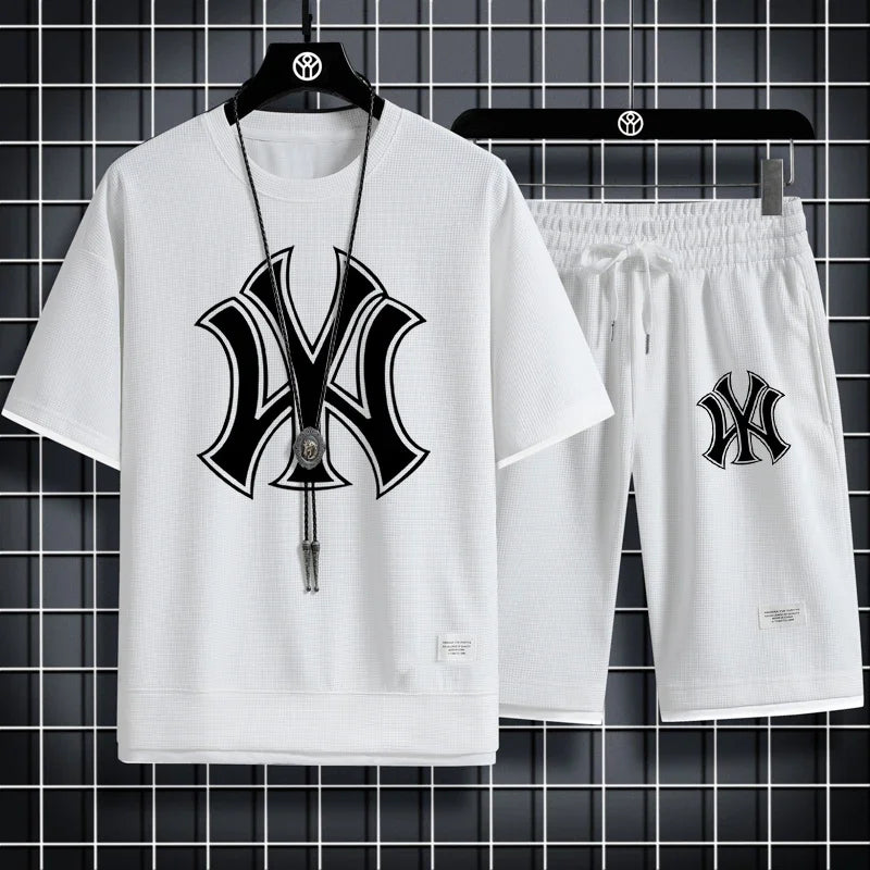 Set New summer men's fashion clothing: short-sleeved men's sportswear, Korean-style sportswear, waffle checkered two-pie - Ellianto fashion Men's