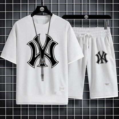Set New summer men's fashion clothing: short-sleeved men's sportswear, Korean-style sportswear, waffle checkered two-pie - Ellianto fashion Men's