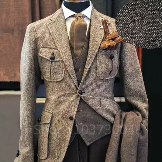 Men's Suit Brown Herringbone Blazer Tuxedos Only Coat Wool Tweed Single Breasted Formal Bussiness/Wedding Prom Jacket - Ellianto fashion Men's