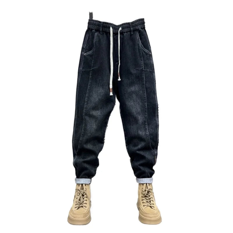 New 2025 Designer Clothes Man Vintage Retro Men's American Style Loose Wide Leg Harem Jeans with Fleece Lining Low Rise Jeans - Ellianto fashion Men's