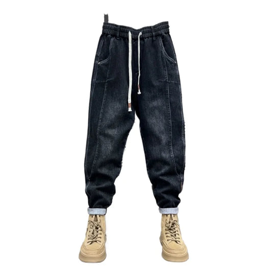 New 2025 Designer Clothes Man Vintage Retro Men's American Style Loose Wide Leg Harem Jeans with Fleece Lining Low Rise Jeans - Ellianto fashion Men's