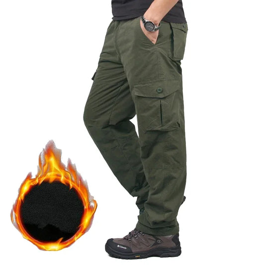 Winter Thick Fleece Casual Pants Men Cotton Hunting Tactical Baggy Cargo Pants Double Layer Warm Thermal Straight Long Trousers