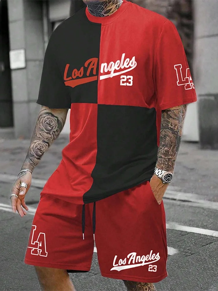 Set Men's Color-Block Los Angeles 23 Print Tracksuit LA Two Piece Outfit for Men T-shirt & Shorts Suit Street Fashion Summer Wear - Ellianto fashion Men's