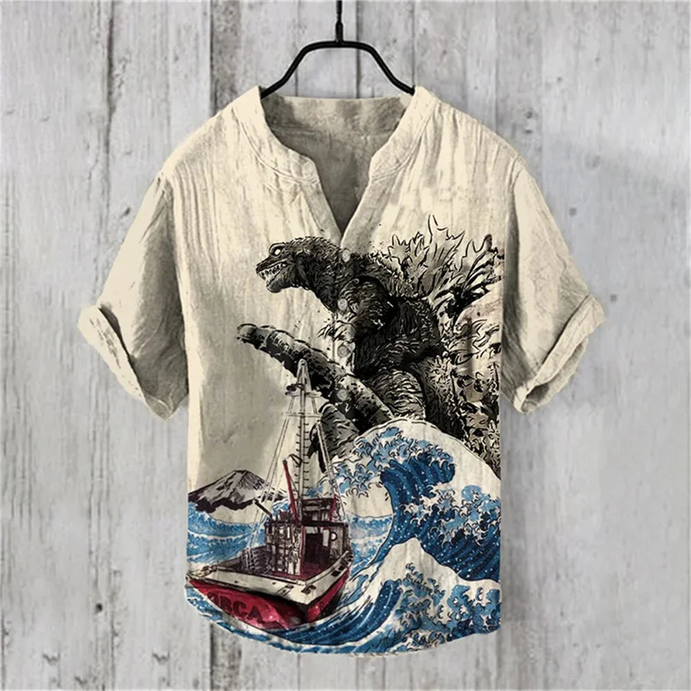 2025 Summer Japanese Water Monster Pattern Print Men's Short Sleeve Linen Shirt Hawaiian New Big Monster Shirt - Ellianto fashion Men's