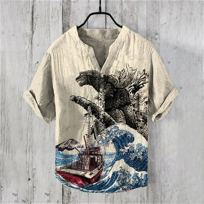 2025 Summer Japanese Water Monster Pattern Print Men's Short Sleeve Linen Shirt Hawaiian New Big Monster Shirt - Ellianto fashion Men's