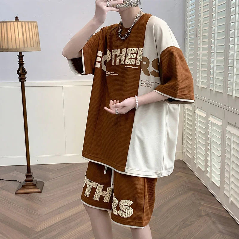 Clothes for Men Alphabet Top Jogging Sports Suits Brown Male T Shirt Sweatpants Shorts Sets Sweatshirt Tracksuit Stylish Loose S - Ellianto fashion Men's