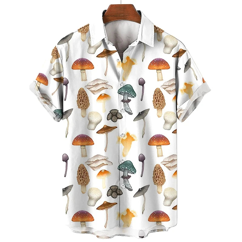 Mushroom 3D Printed Shirts For Men Clothes Cartoon Harajuku Fashion Agaricus Campestris Graphic Blouses Hawaiian Y2k Beach Tops - Ellianto fashion Men's