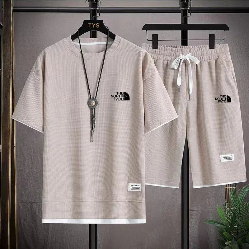 Set 2025 Summer Men's fashion breathable short-sleeved T-shirt + jogging Shorts two-piece fitness training suit Casual set - Ellianto fashion Men's