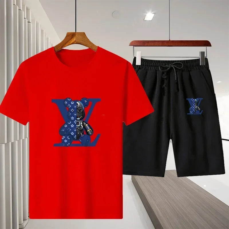 Set 2025 Summer Men's Outdoor Leisure Fitness Jogging Set: Breathable pure cotton short-sleeved T-shirt + quick-drying Shorts, a two - Ellianto fashion Men's