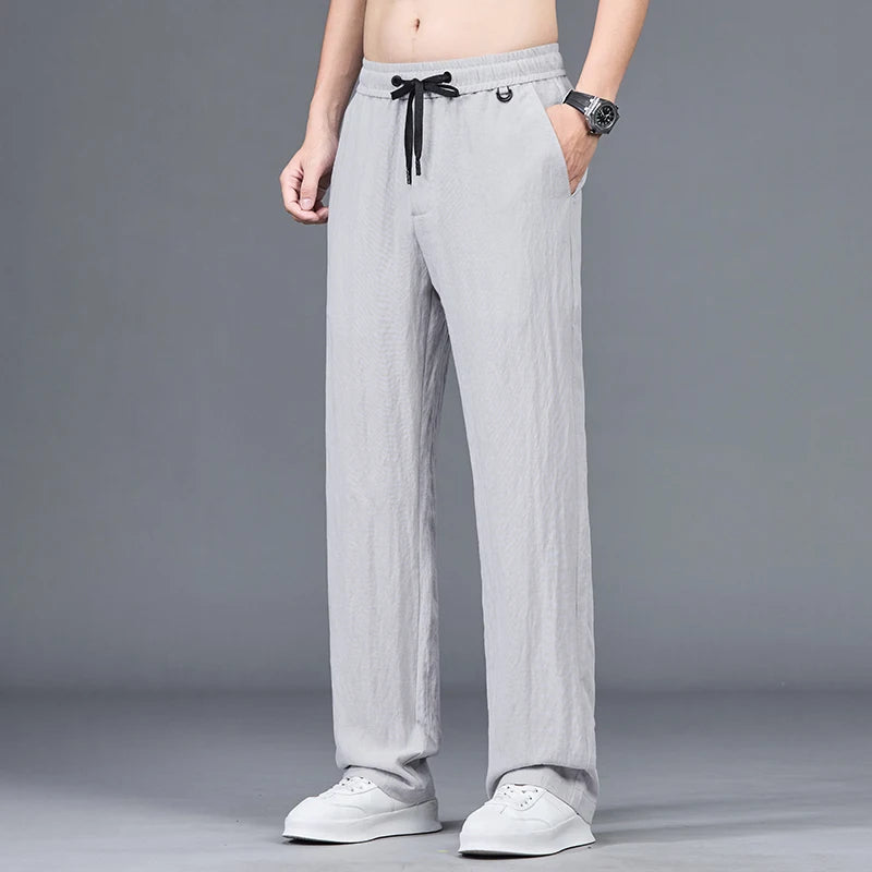 Men’s Summer Ice Silk Linen Casual Pants – Lightweight, Breathable Straight-Leg Trousers with Wide-Leg, Drawstring, Baggy Fit, and Elastic Waist for Effortless Comfort