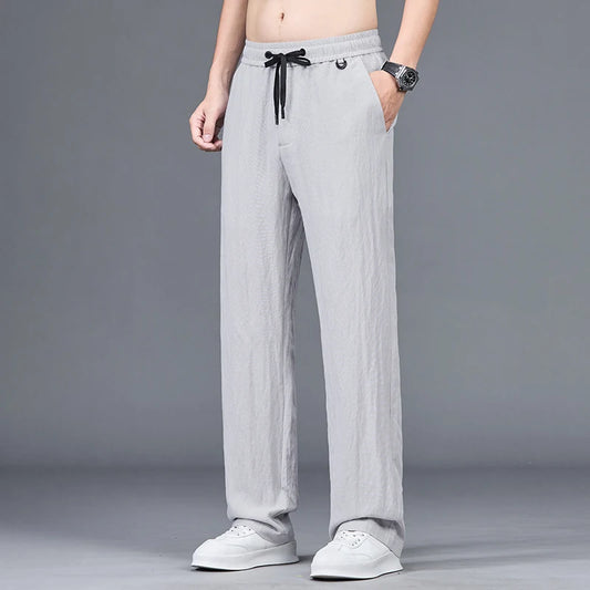 Men’s Summer Ice Silk Linen Casual Pants – Lightweight, Breathable Straight-Leg Trousers with Wide-Leg, Drawstring, Baggy Fit, and Elastic Waist for Effortless Comfort