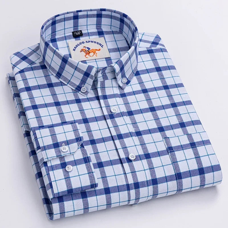 Casual Pure Cotton Oxford Mens Shirts Long Sleeve Embroidery Horse Design Regular Fit Fashion Button Man White Dress Shirt - Ellianto fashion Men's