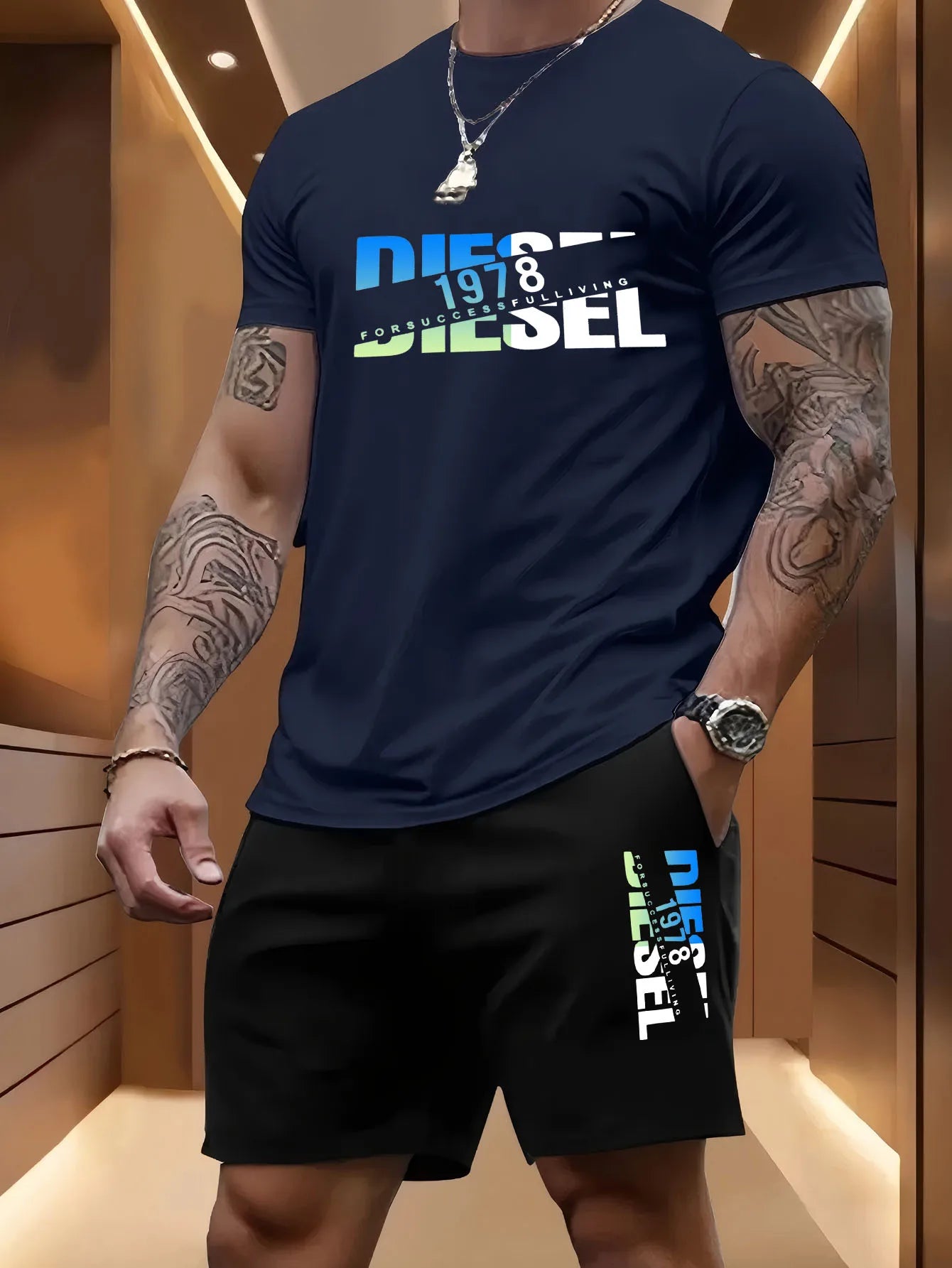 Set Summer men's casual two-piece set round-neck short-sleeved T-shirt and sports shorts for outdoor activities - Ellianto fashion Men's