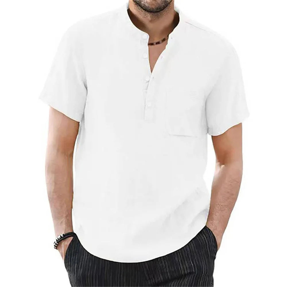 Men's Short Sleeve T-shirt Cotton and Linen Casual Men T-shirts Solid Color Summer Shirt Male Cozy Breathable - Ellianto fashion Men's