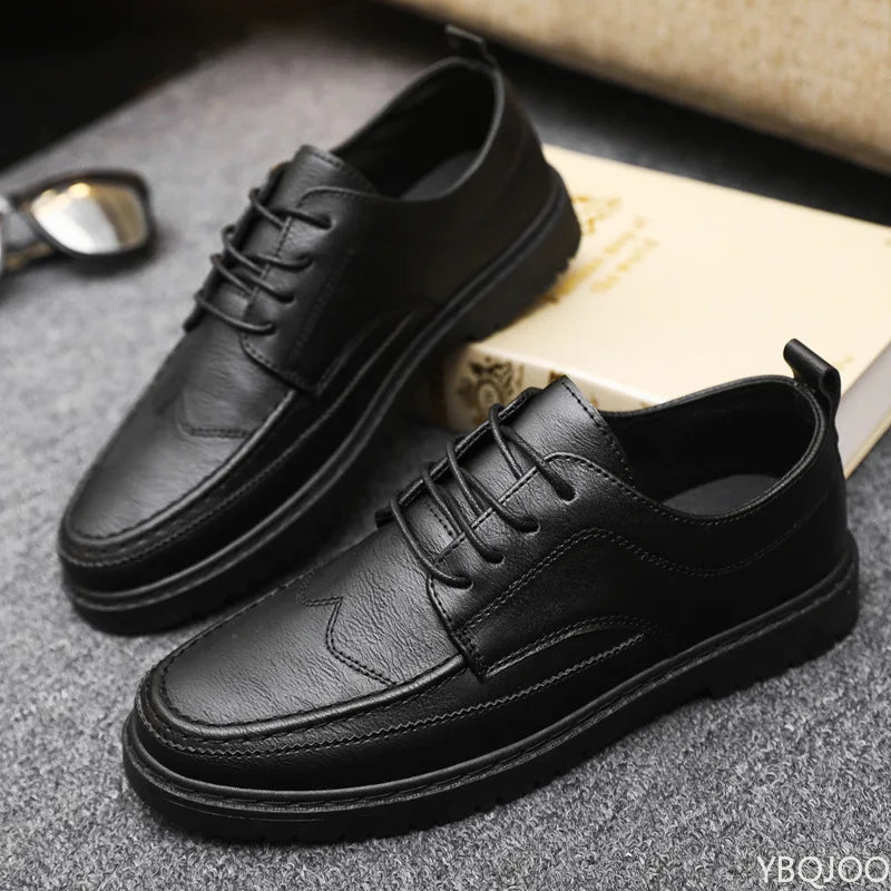 Men's Casual Leather Shoes Trendy Summer Breathable Black Work Shoes Casual Classic Fashion Formal Comfortable Flat Shoes - Ellianto fashion Men's