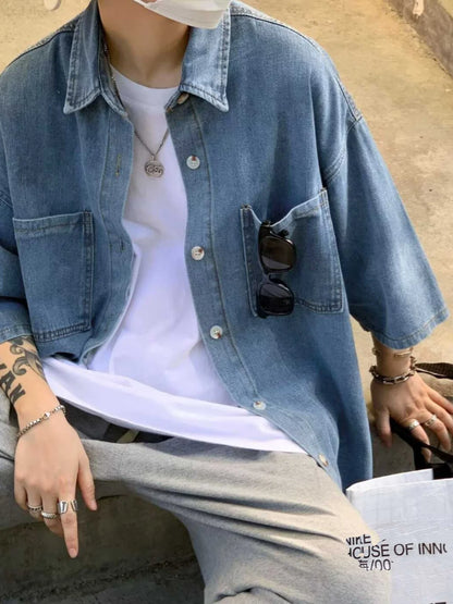 Loose Fit Men's Denim irt ort Sve Five-Quarter Sve Youth Trend Summer Casual Pure Color Workwear Sle Outerwear - Ellianto fashion Men's