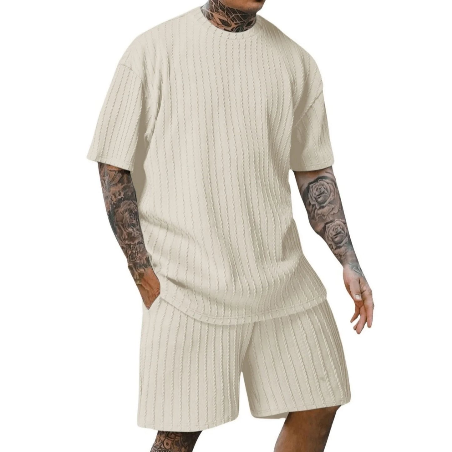 New men's sporty solid-color round-neck pullover vertical striped T-shirt, shorts and short sleeves two-piece casual set 2025 - Ellianto fashion Men's