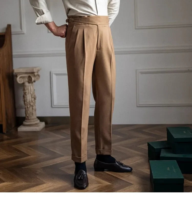 High Waist Straight Leg Casual Men's Trousers Italian Neapolitan Style Versatile Long Pants British Retro Suiting - Ellianto fashion Men's