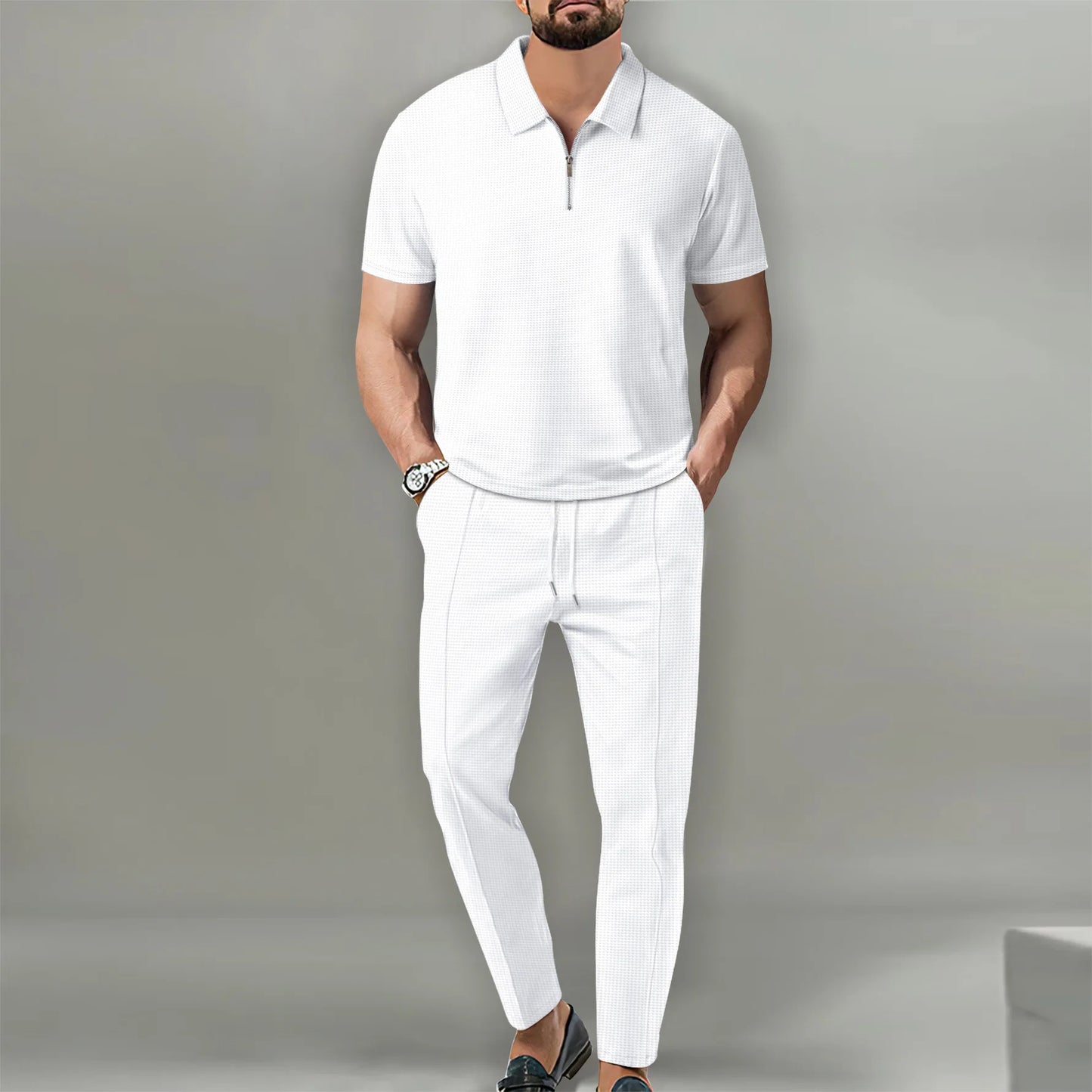 2025 New Men's POLO Shirt 2 Sets Casual Fashion Commercial Breathable Lapel, Pants pull rope Solid Color Men 2 sets - Ellianto fashion Men's